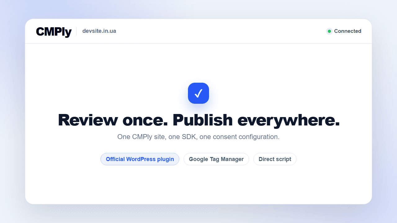 CMPly hybrid scan workflow: HTTP crawl, before-and-after consent evidence, merged results, and publishing options